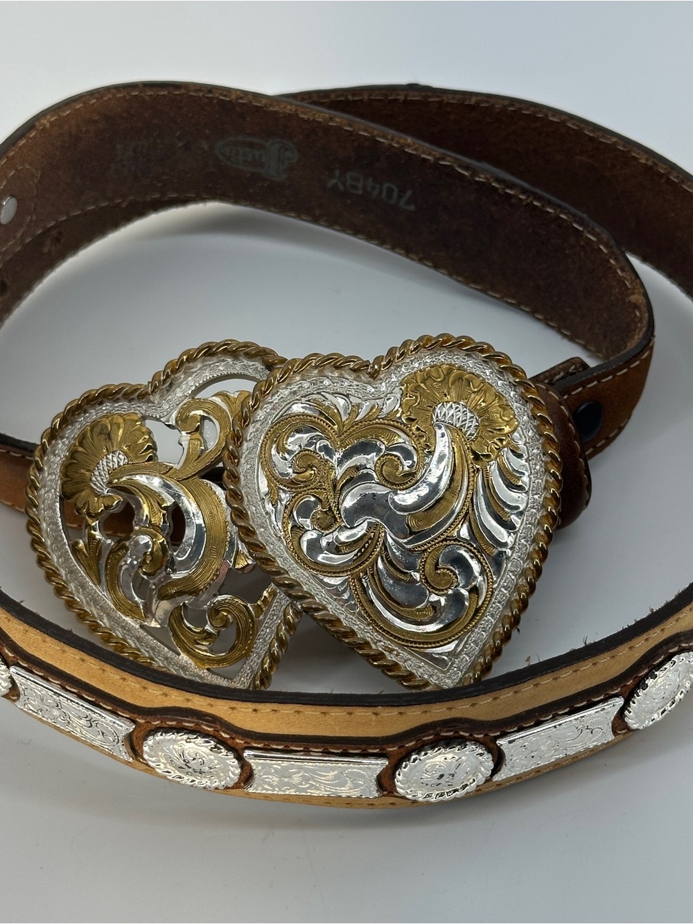 Vintage Justin Crumrine Silver Plate Double Heart Western Concho Belt 30